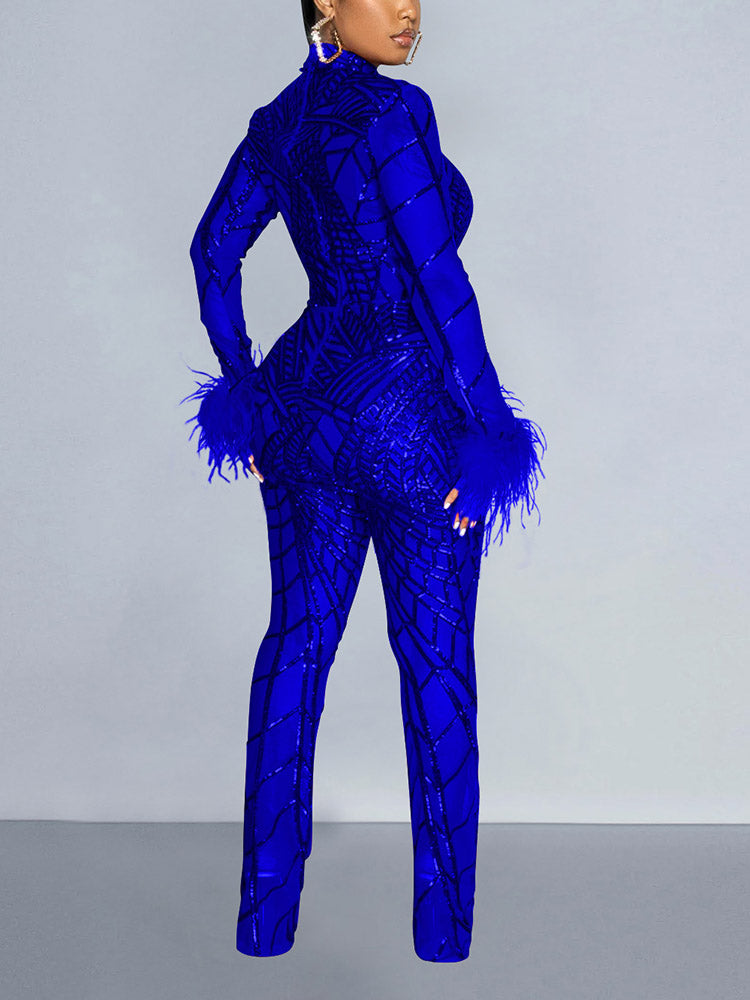 Women's Sequin Feather Mesh Jumpsuit