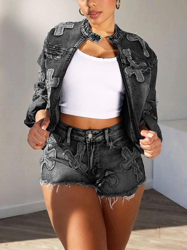 Cross Denim Jacket Shorts Set