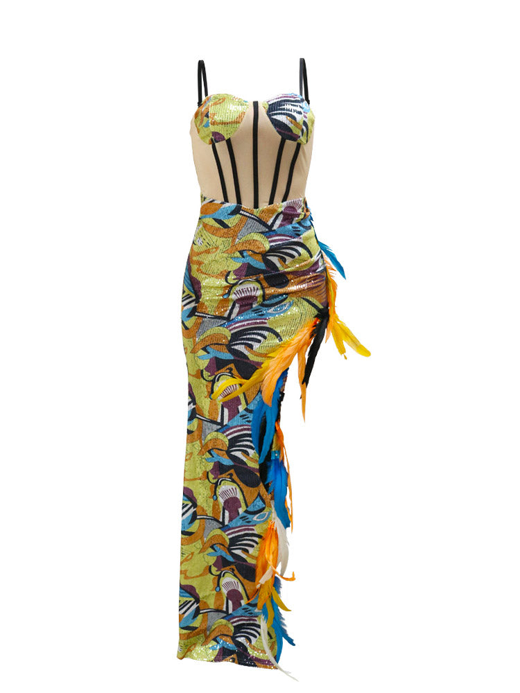 Women's Colorful Sequin Slit Feather Dress