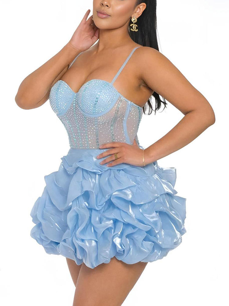 Women's Rhinestone Mesh Ruffle Dress