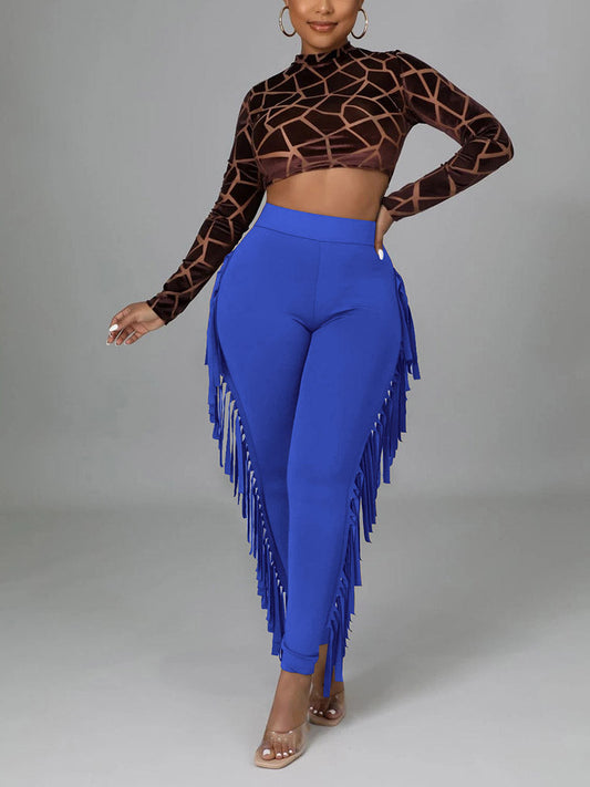 Elastic Waistband Fringe Pants