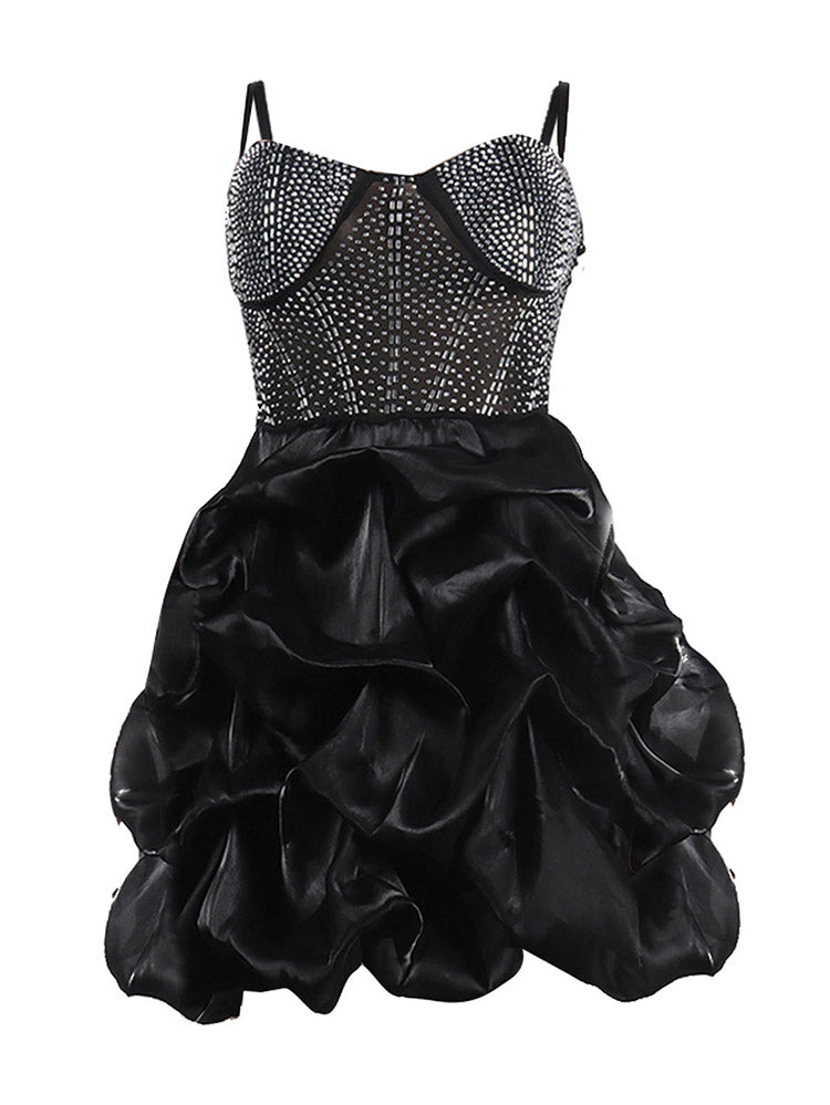 Women's Rhinestone Mesh Ruffle Dress