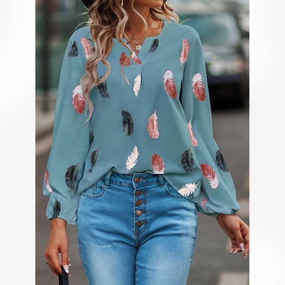 New V-neck Feather Print Long Sleeve Loose T-shirt