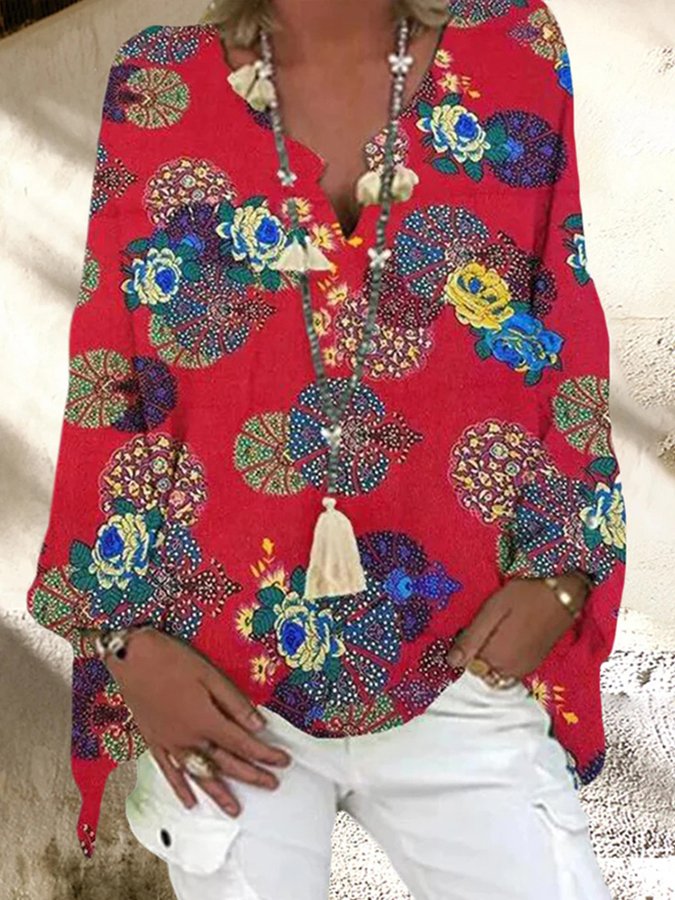 Women's Geometric Printed Long Sleeve V-neck Casual shirt