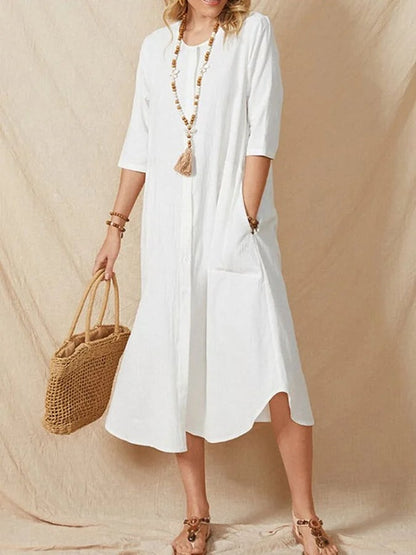 Cotton Linen Cardigan Pocket Dress