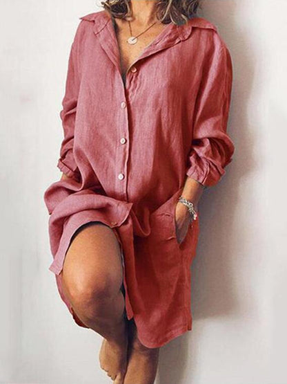 Women's Casual Pure Color Cotton Shirt Dress