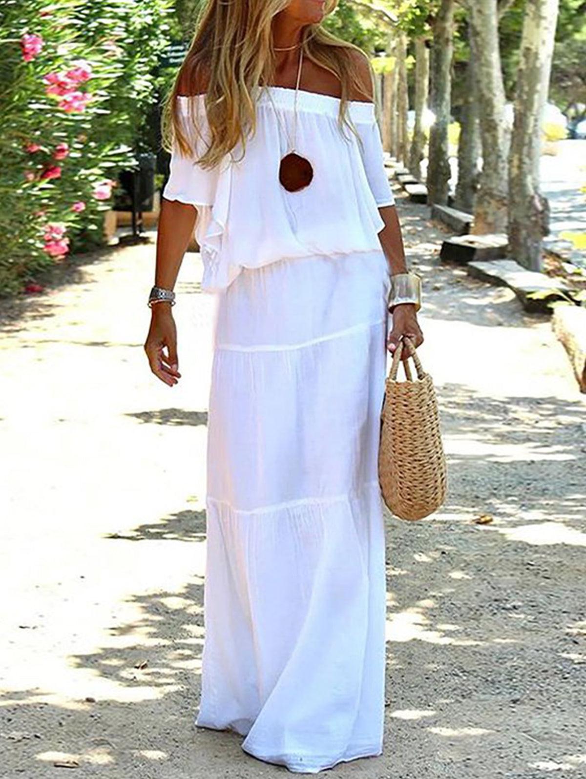 Solid Off Shoulder High Waist Long Maxi Dress