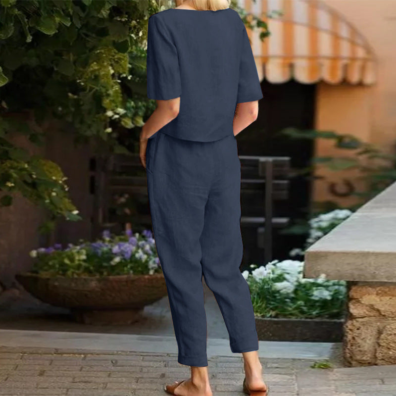 Summer Fashion Solid Color Short-Sleeved Trousers Two-Piece Suit (Including Belt)