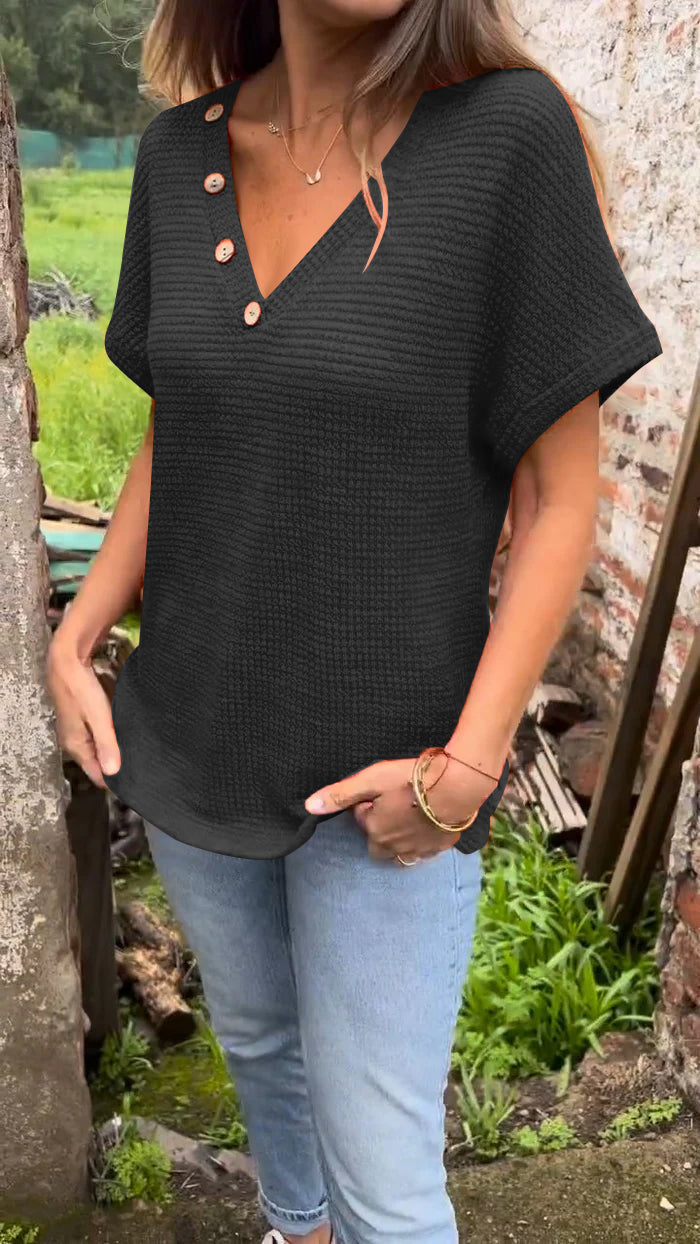 Women's Knitted Cotton and Linen V-neck Top