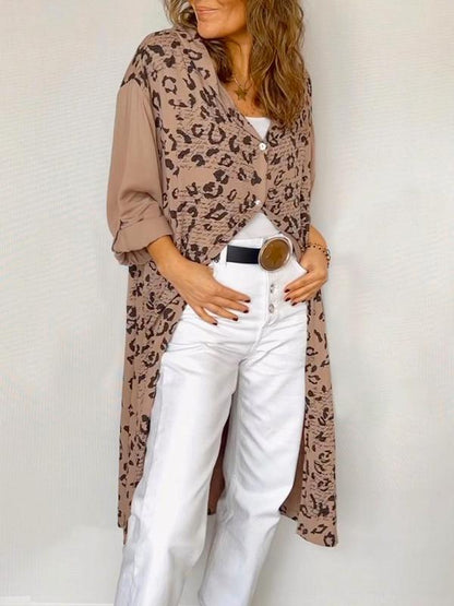 Women's Leopard Text Print Hooded Long Shirt