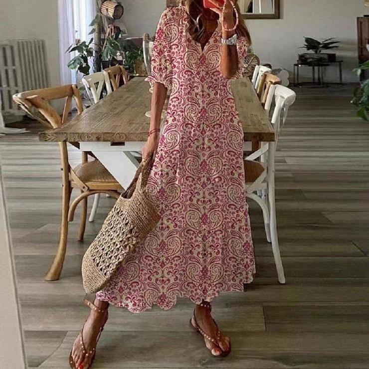 2023 Casual and Sweet V-neck Printed Tassel Midi Dress for Women