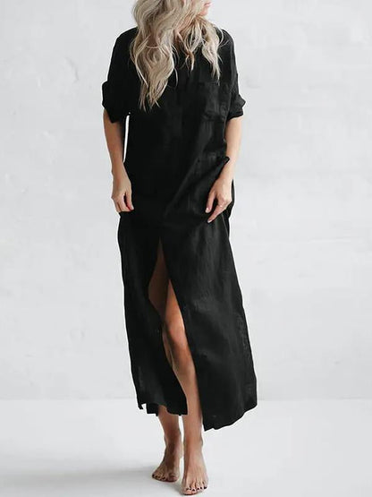 Casual lapel pocket solid color split shirt dress