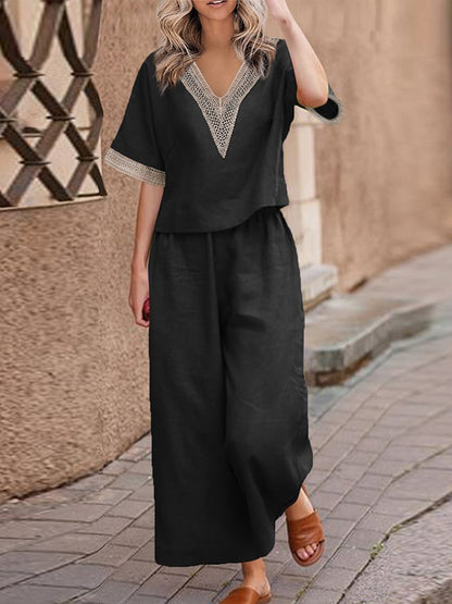 Casual Lace Stitched Loose Shirt Wide Leg Pants Set