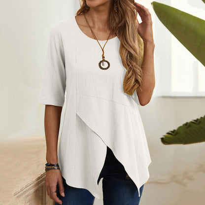 Women's Round Neck Slim-Fit Half Sleeve Cotton Linen T-shirt Top