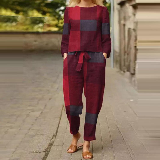 Women's Plaid Long Sleeve Top Casual Pants Two-Piece Cotton And Linen Suit