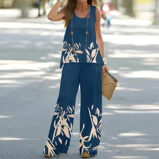 Casual Solid Color Sleeveless Top And Wide Leg Pants