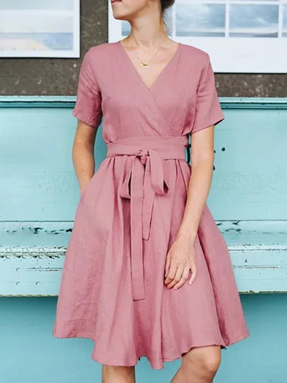 Women's V-Neck Solid Color Belt Short Sleeved Cotton Linen Dress