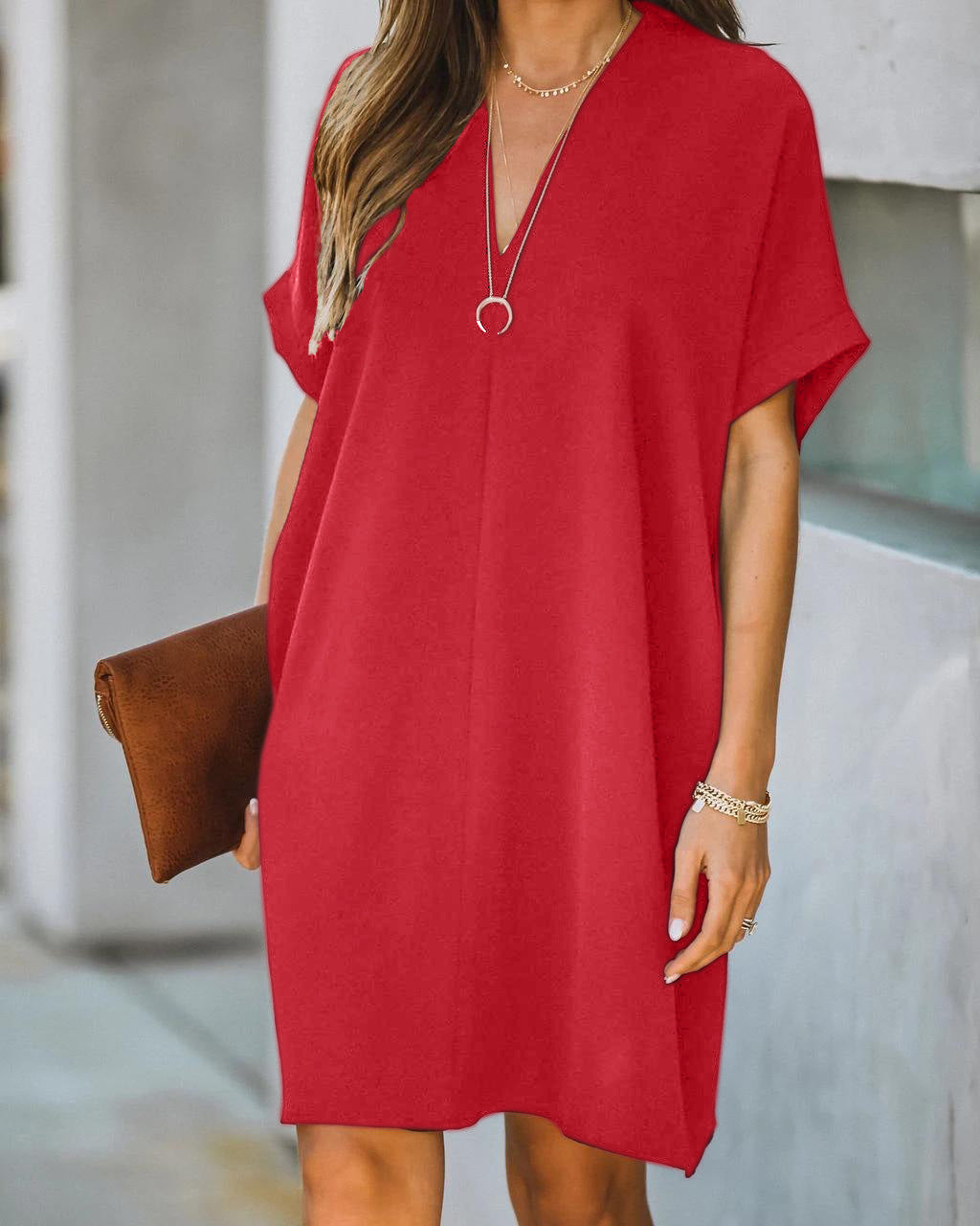 Women's V-neck Solid Color Dress