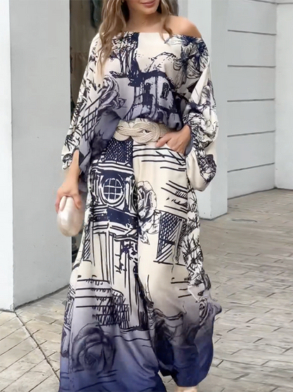 Printed Loose Puff Sleeves Off-the-shoulder Two-Piece Sets Pants Blouses