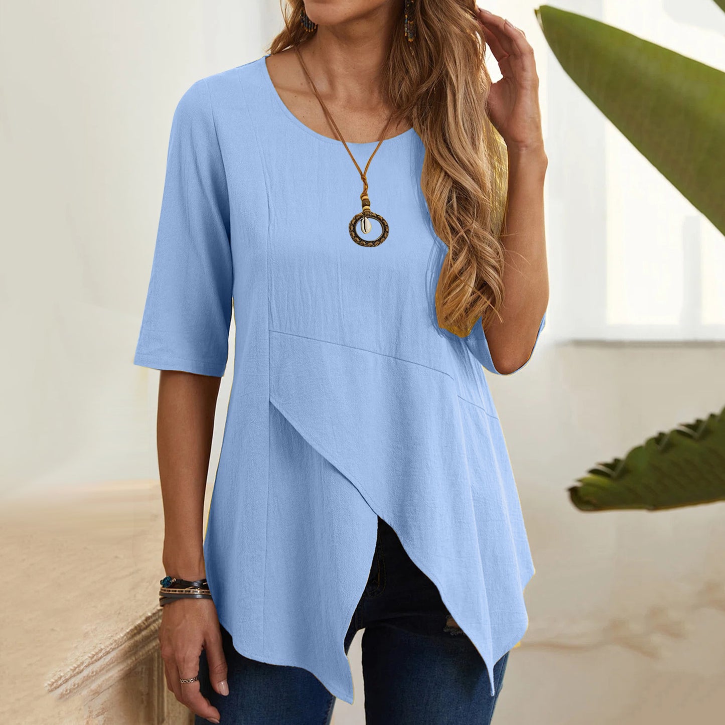 Women's Round Neck Slim-Fit Half Sleeve Cotton Linen T-shirt Top