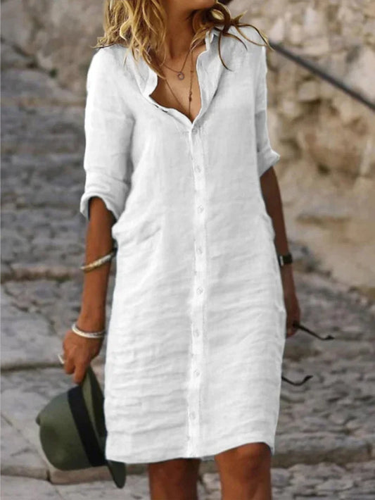 Loose Lapels Button Half Sleeve Solid Color Cotton and Linen Shirt Dress