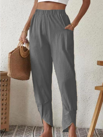 2023 New Solid Color Loose Pocket Cotton Linen Casual Pants