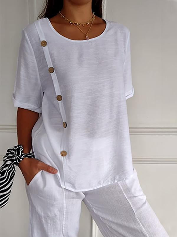 Women's Cotton and Linen Button Design Casual Shirt