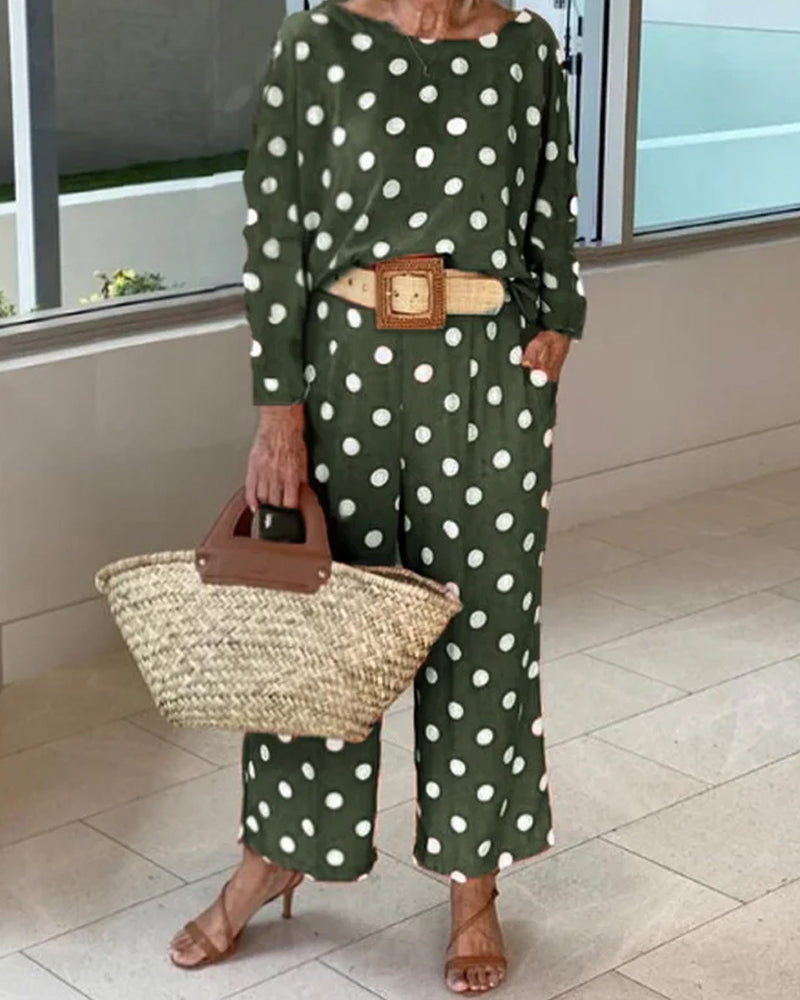 Polka dot long sleeve top wide leg pants set