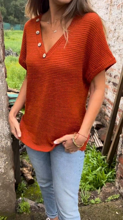 Women's Knitted Cotton and Linen V-neck Top