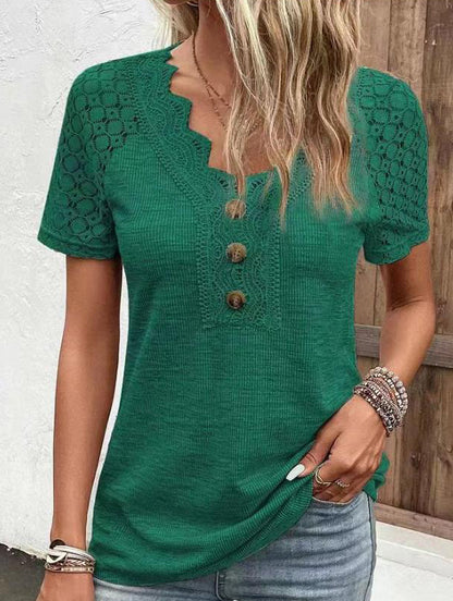 Women's Lace Trim V Neck Loose Button Top