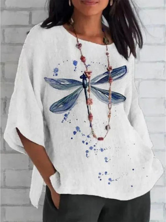 Women's Dragonfly Printed Mid-Length Sleeve Tunic Top