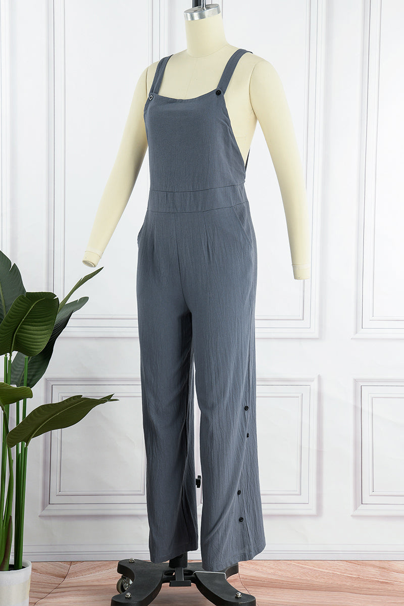 Casual Solid Buckle Square Collar Regular Jumpsuits