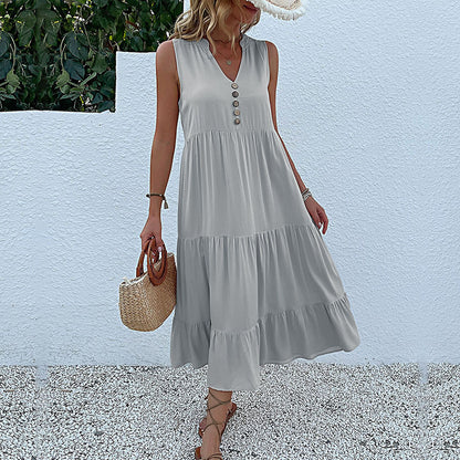 Women's Sleeveless Draped Dress Loose V-neck Mid-Length Dress