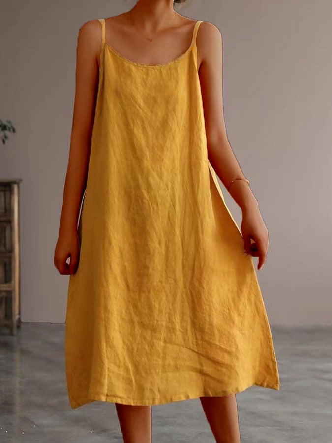 Women's Cotton Linen Solid Color Sling Dress