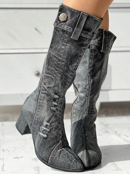 Chunky Heel Denim Boots