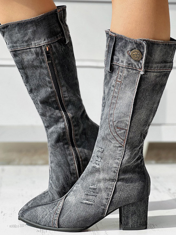 Chunky Heel Denim Boots