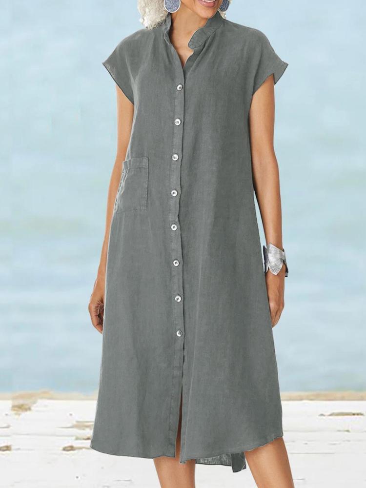 Women's Stand Up Collar Button Down Cotton And Linen Dress With A Pocket