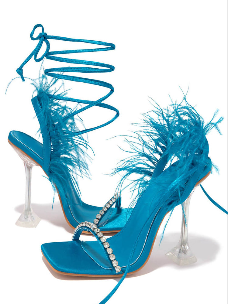 Rhinestone Feather Square Toe Sandals