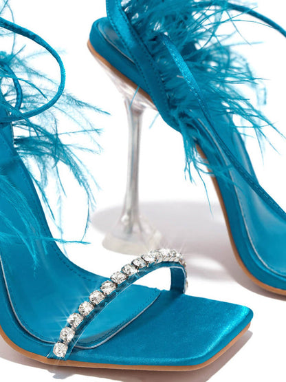 Rhinestone Feather Square Toe Sandals