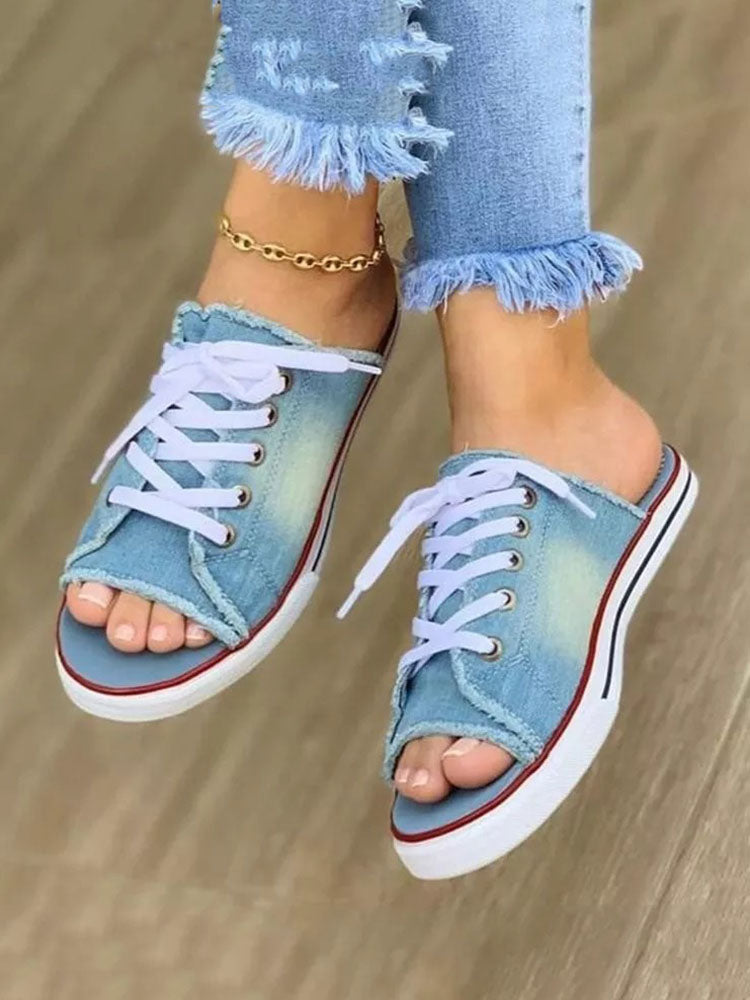 Lace Up Denim Flat Slippers