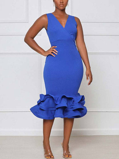 Women's Ruffled Trim Bodycon Midi Dress