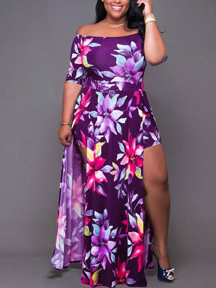 Women's Floral Print Cold Shoulder Slit Dress