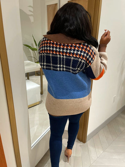 Retro Color Block Sweater Cardigan