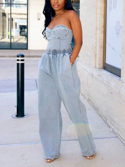 Denim Tube Top Wide Leg Pants Set