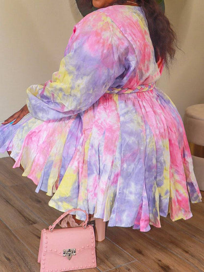 Women's Tie Dye With Belt V Neck Dress