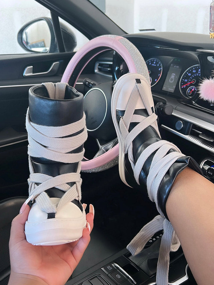 Cross Lace PU High-Top Sneakers
