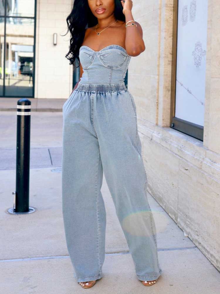 Denim Tube Top Wide Leg Pants Set