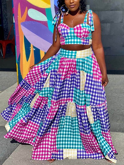 Plaid Color Block Crop Top Maxi Skirt Set