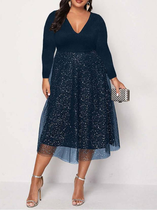 Women's Long Sleeve Contrast Mesh Midi Dress