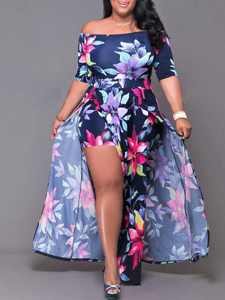 Women's Floral Print Cold Shoulder Slit Dress